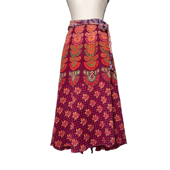 Dresses & Skirts - Boho Wrap Midi Skirt Burgundy Floral Block Print Tie Waist Handmade Look
Cotton